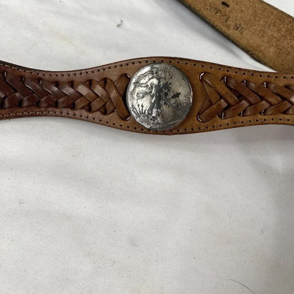 Indiana Metal Leather Belt Brown Silver Domed Walking Liberty Coins Concho